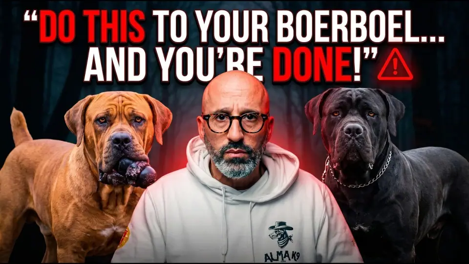 Rui Navarro between two Boerboels, thumbnail of a Dogman Rui YouTube video