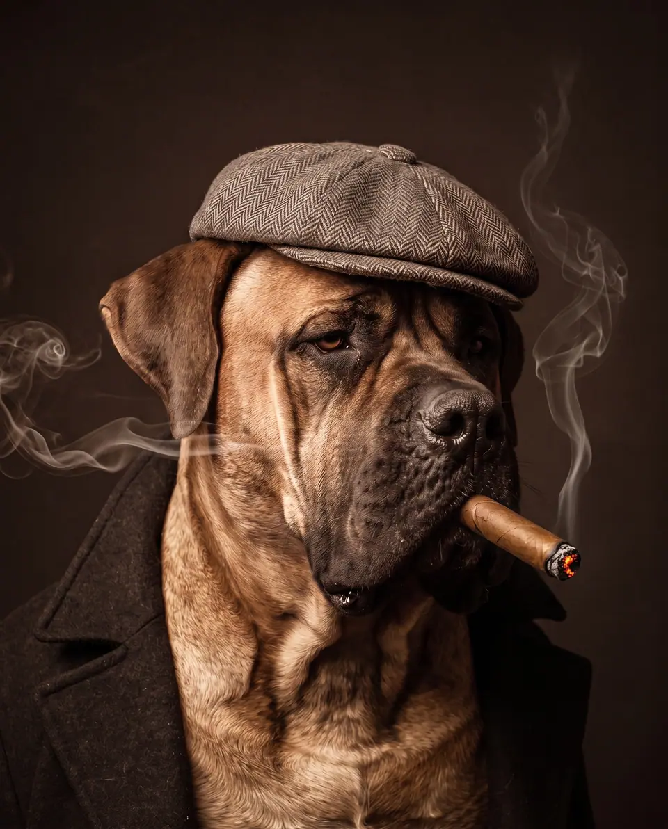 Illustration: the Elite Boerboels emblem brought to life, a Boerboel in a herringbone flat cap and dark overcoat with a cigar